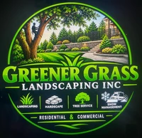 Greener Grass Landscaping Inc. logo: a circular badge showing a climber roped into a mature tree, a lit stone retaining wall with steps, a striped lawn and a paver walkway, above the pillars Landscaping, Hardscape, Tree Service and Snow Management, and a Residential & Commercial ribbon