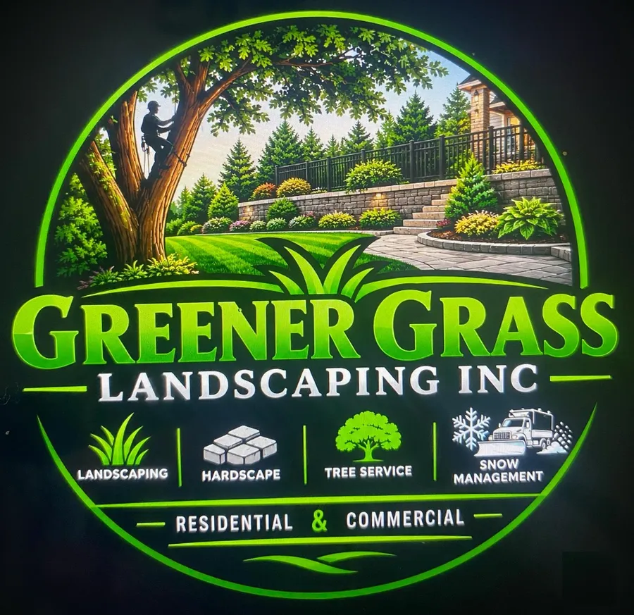 Greener Grass Landscaping Inc. logo: a circular badge showing a climber roped into a mature tree, a lit stone retaining wall with steps, a striped lawn and a paver walkway, above the pillars Landscaping, Hardscape, Tree Service and Snow Management, and a Residential & Commercial ribbon